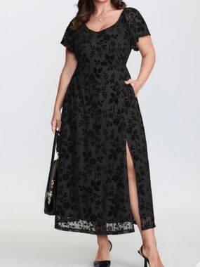 Black Floral Lace Maxi Dress with Side Slit